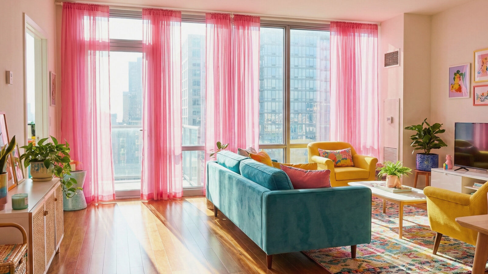 דירה דיסקרטית עם וילונות ורודים ויותר מדי אור